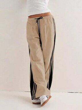 Khaki Wide Leg Women's High Rise Palazzo Casual Pants with Pockets